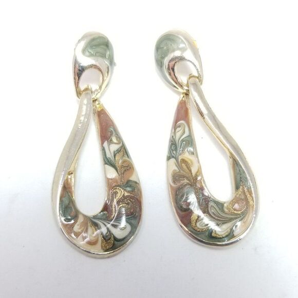 Vintage Funky Door Knocker Style Dangle Post Earrings, Gold Tone Enamel Estate - Picture 2 of 6